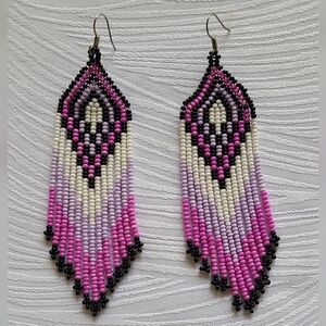 Handmade Huichol Beaded Pink and Black Earrings